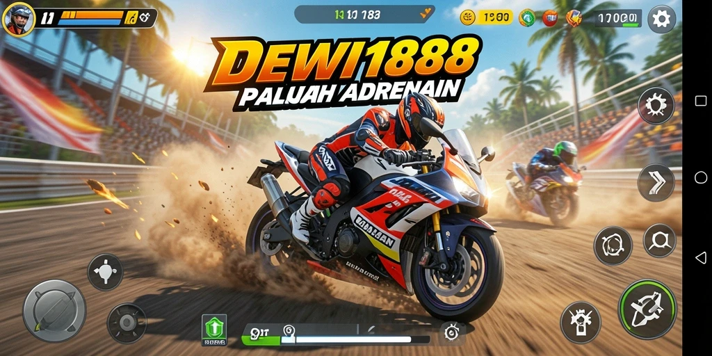 Gameplay seru DEWI188 dengan grafis balapan motor.