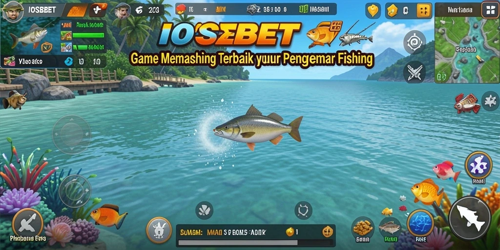 Screenshot utama IOSBET menampilkan pemain yang sedang memancing dengan alat pancing canggih.
