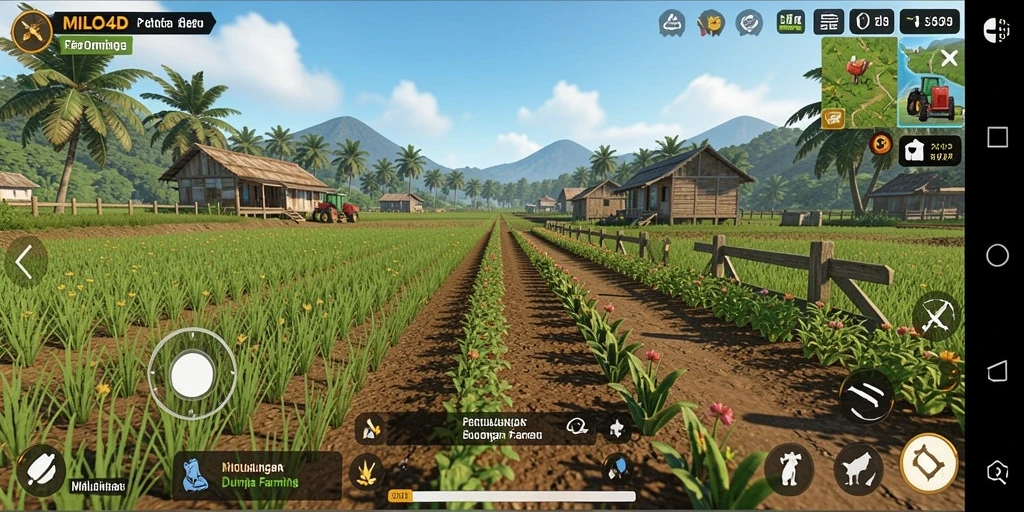 Tampilan utama gameplay <strong>MILO4D</strong> yang menampilkan ladang dan hewan ternak.