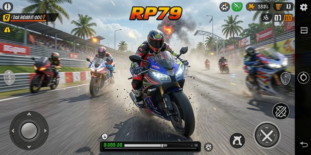 Gameplay RP79 menampilkan balapan motor yang mendebarkan dan penuh aksi.