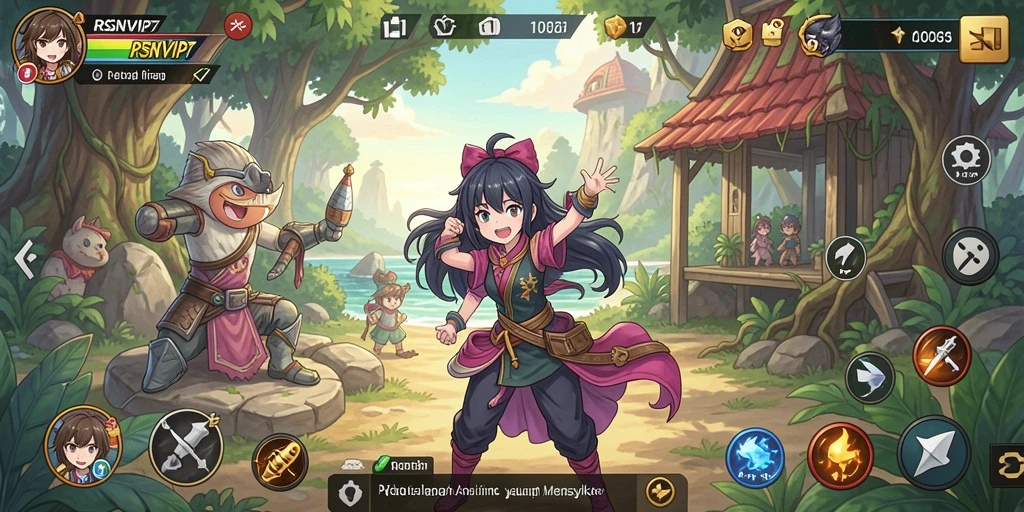 Screenshot gameplay menampilkan karakter anime beraksi di dunia yang penuh warna.
