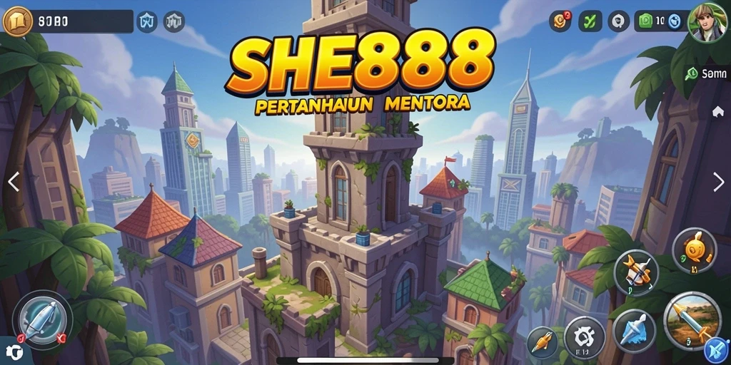 Tangkapan layar gameplay SHE888 menunjukkan aksi pertahanan menara yang intens.