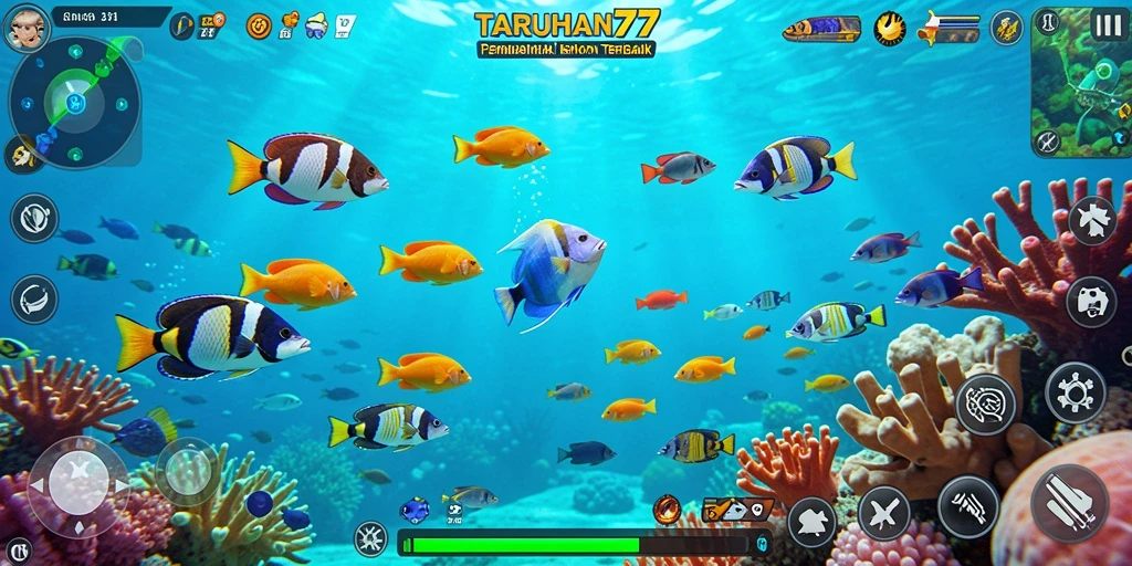 Tampilan gameplay seru dalam TARUHAN77 dengan ikan berwarna-warni.